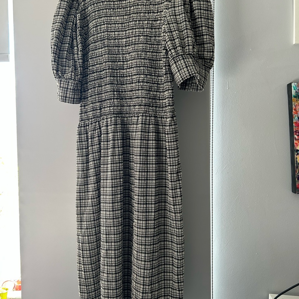 Ganni Monochrome Checkered Puffed Sleeve Dress